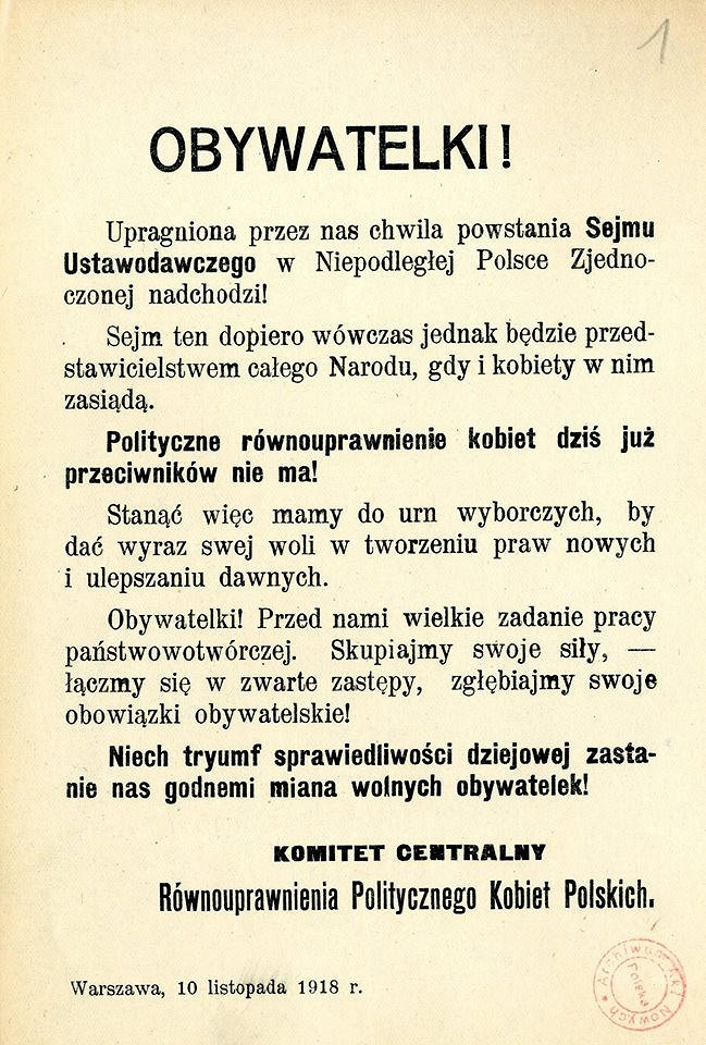 Building the democracy of the newly established state – granting voting rights to women in the Second Polish Republic (1918) – Warsaw
